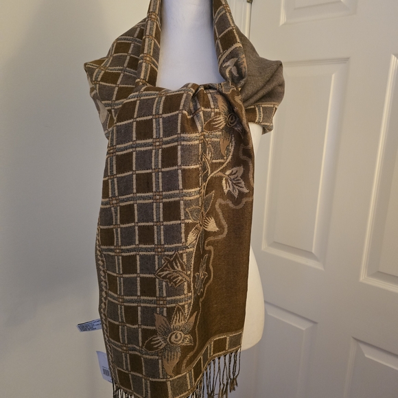 Accessory Street Gold Metallic/Brown Elegant Floral Check Long Scarf - Picture 2 of 12